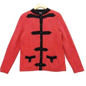 South Cotton Hand Loomed Red Black Textured Knit Cardigan Sweater Women L